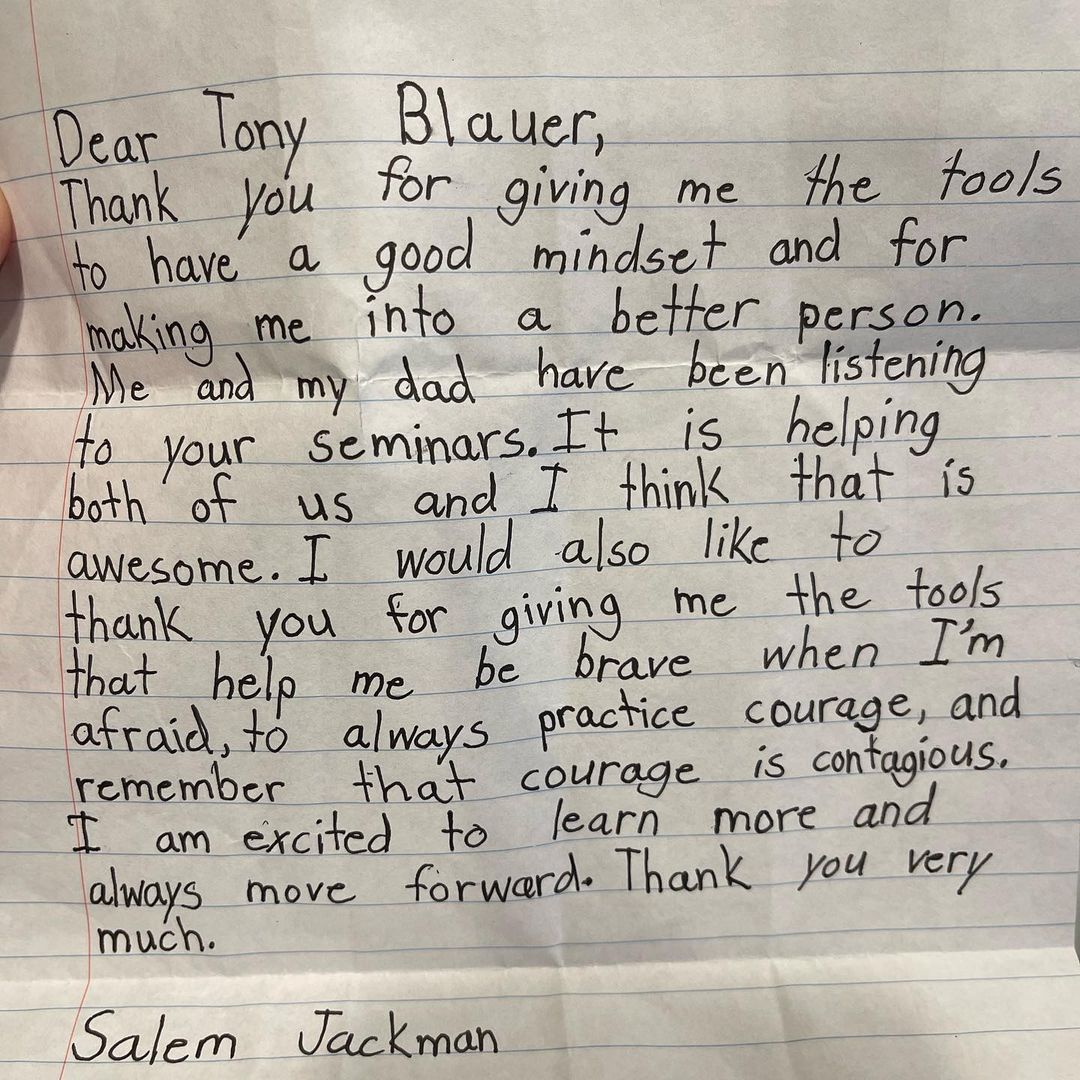 Handwritten thank-you letter from ten-year-old Salem Jackman to Coach Tony Blauer